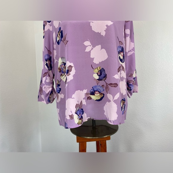 David Lawrence Silk Blouse 14 Floral Ruched Sleeve Lavender Keyhole Semi Sheer - Picture 8 of 13